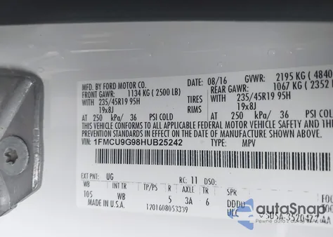 2017 Ford Escape Se z USA, uszkodzony, nr VIN 1FMCU9G98HUB25242